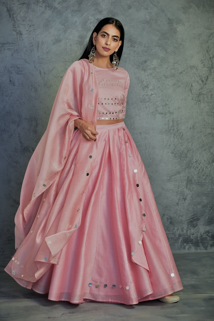 Off White Pink Net Crop Top Lehenga