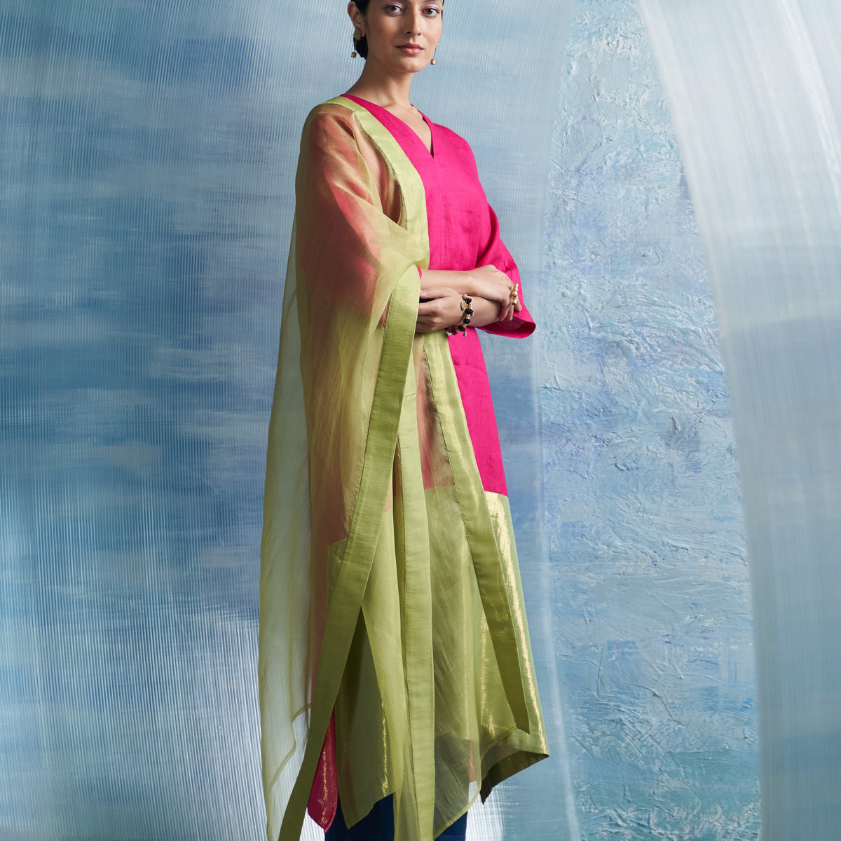 Cotton Fushia Pink Asyemmetric Kurta With Madarin Collar & 3/4 Sleeves main image 0