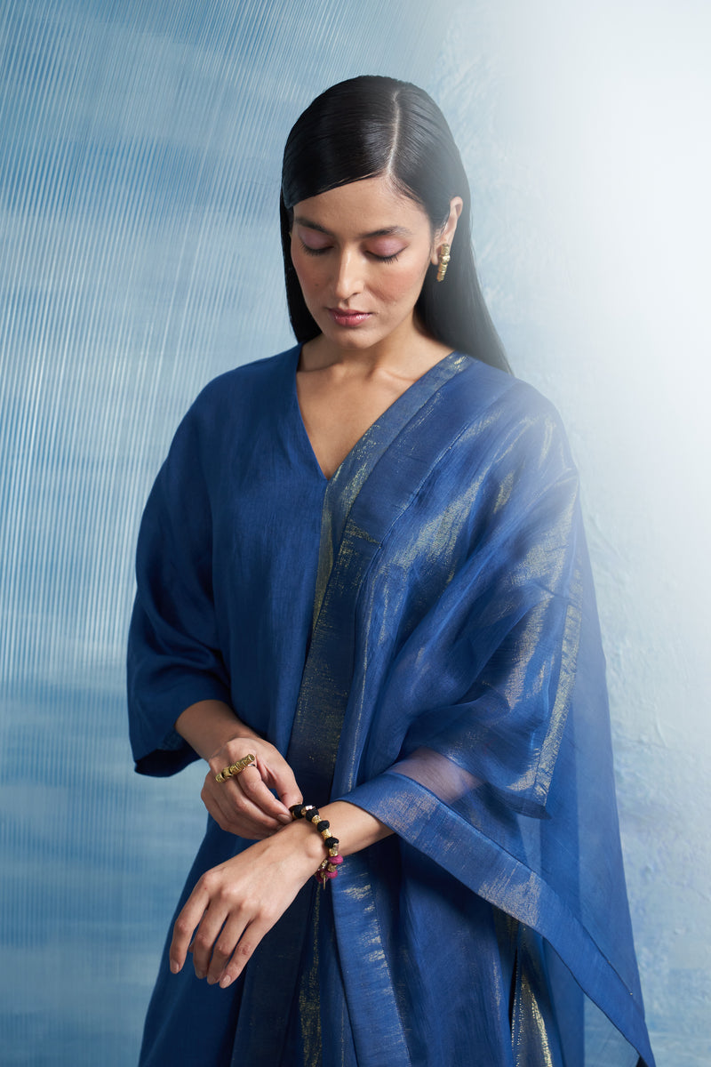 Royal Blue Printed V-Neck Cotton Kurta Set main image 0