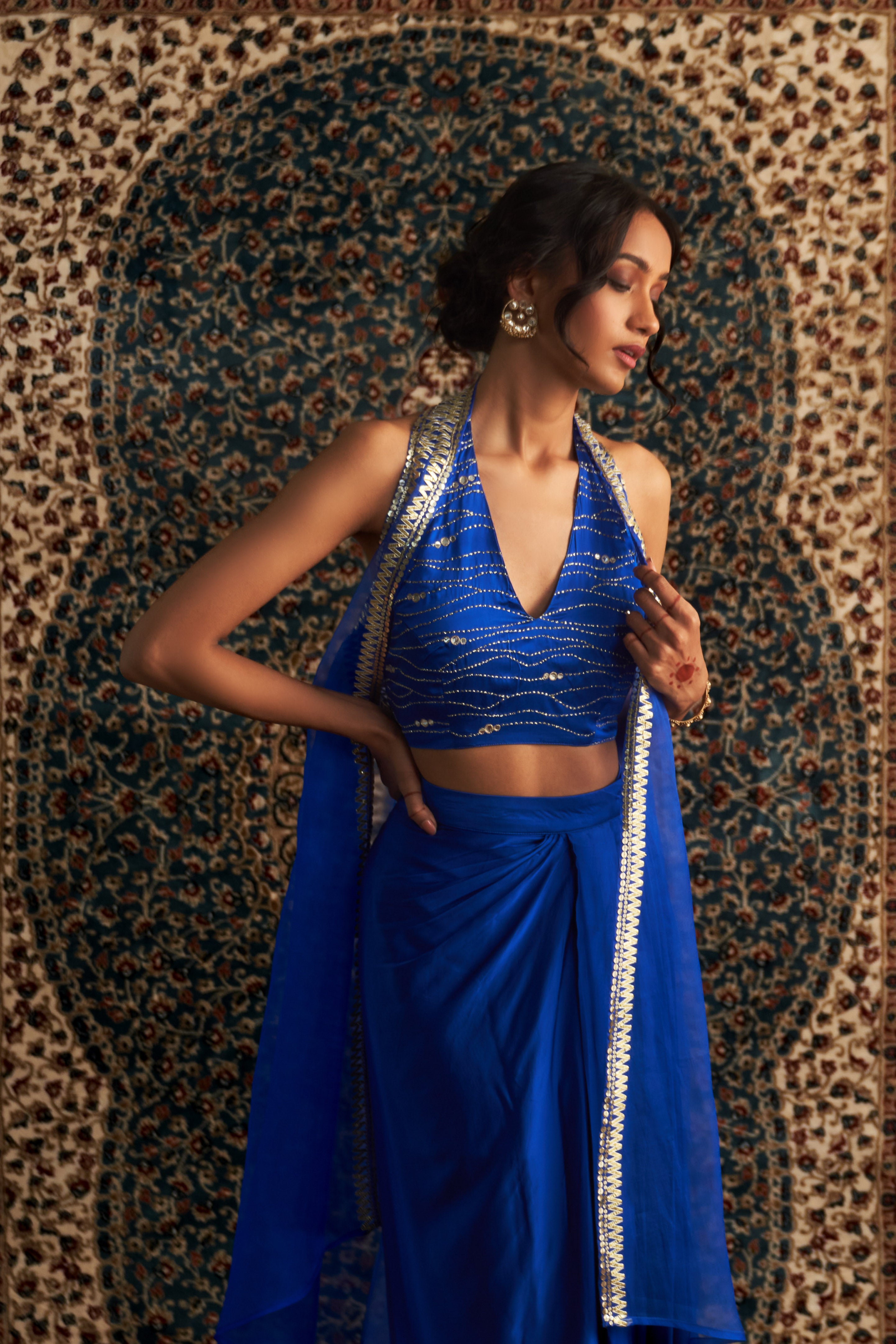 Luxurious Blue Halter Neck Top with Draped Skirt – Perfect for