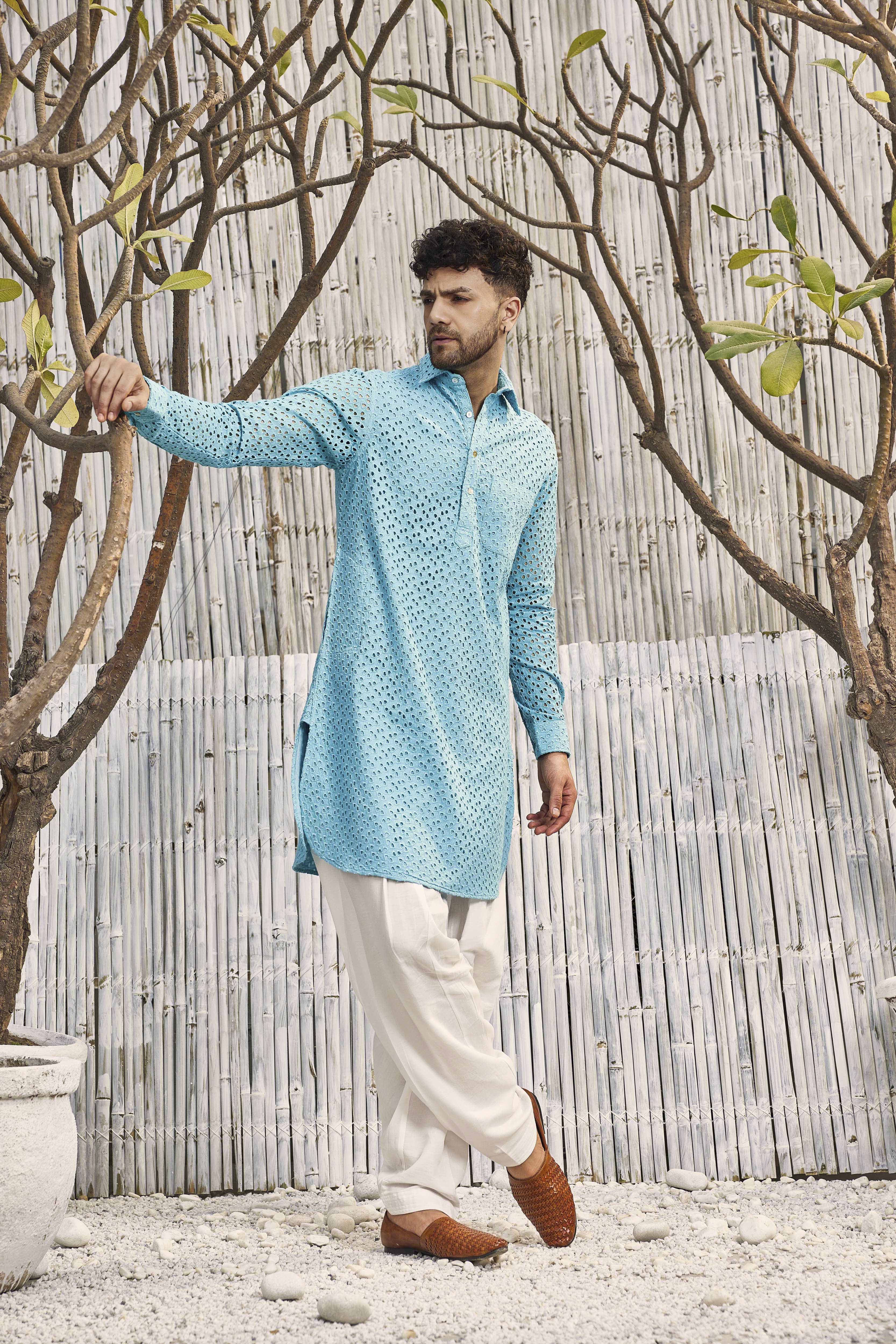 Men s Blue Cutwork Pathani with Salwar Set of 2 charkhee