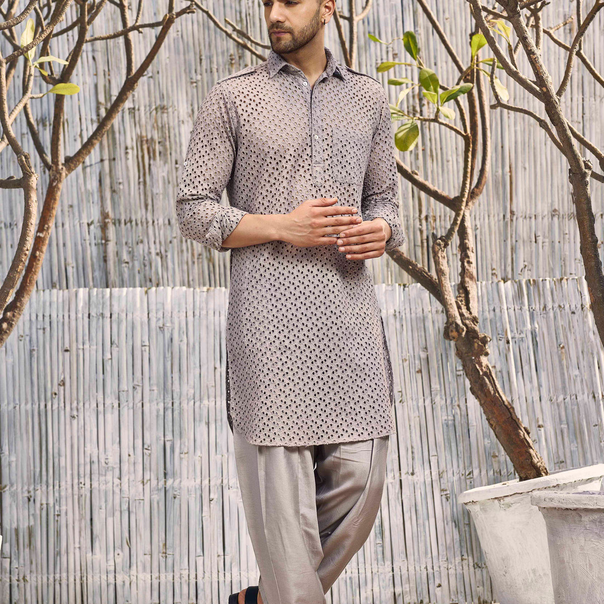 Men's Steel Grey Cutwork Pathani with Salwar - Set of 2 – charkhee