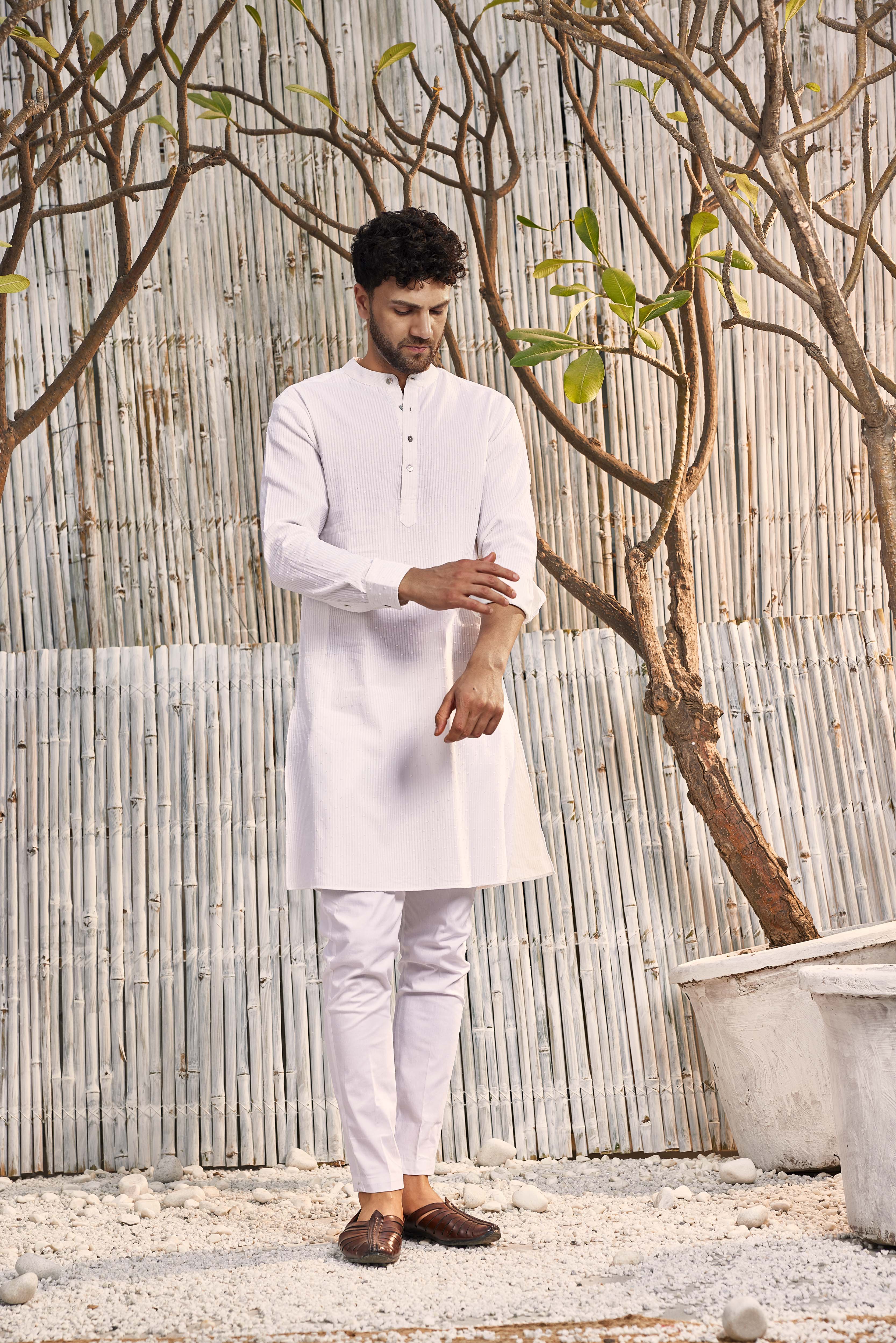 Buy SOJANYA Men Cream Coloured & White Embroidered Kurta With Dhoti Pants -  Kurta Sets for Men 4449823 | Myntra
