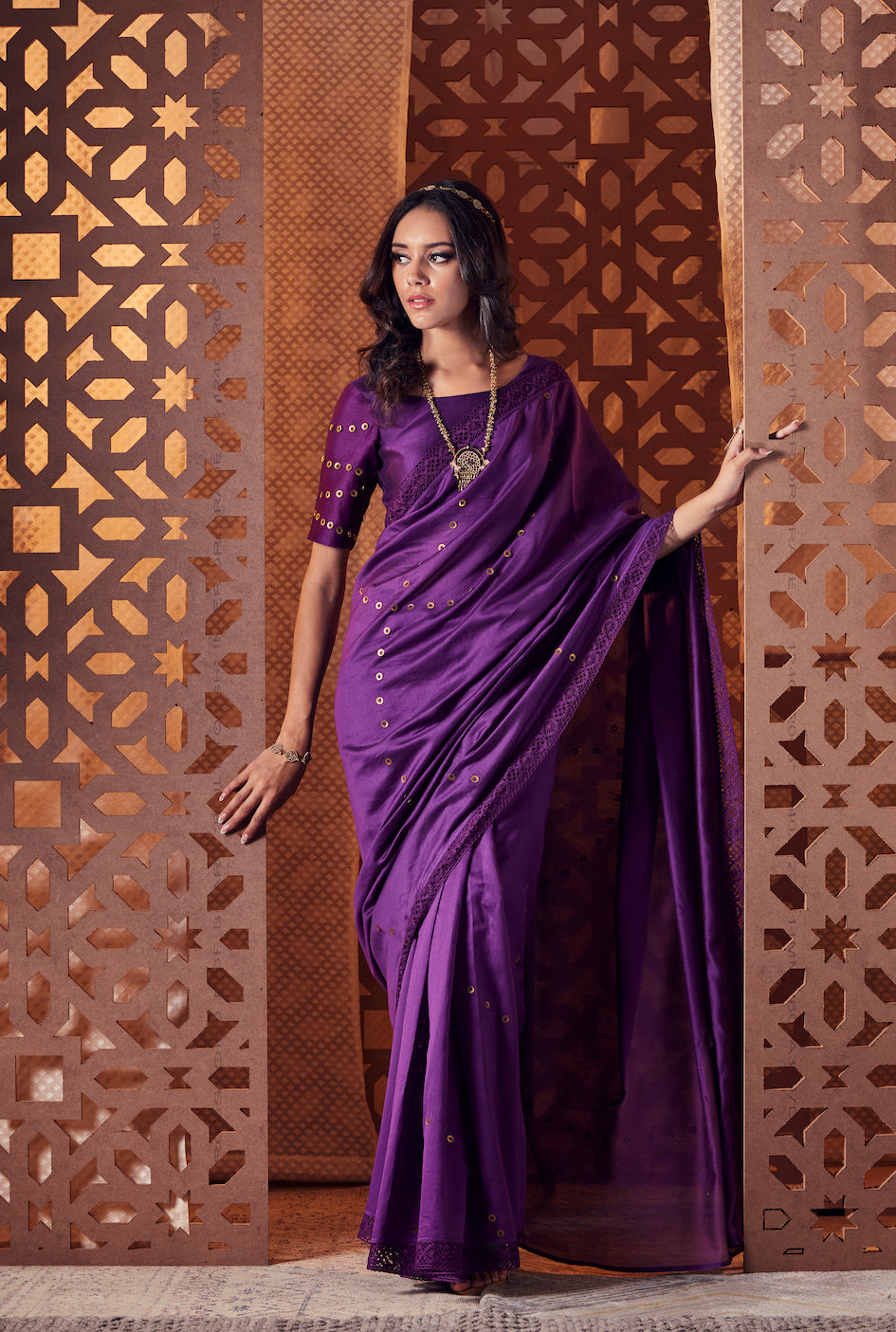 Shimmering Purple Chanderi Silk Saree With Lace, Cashmere