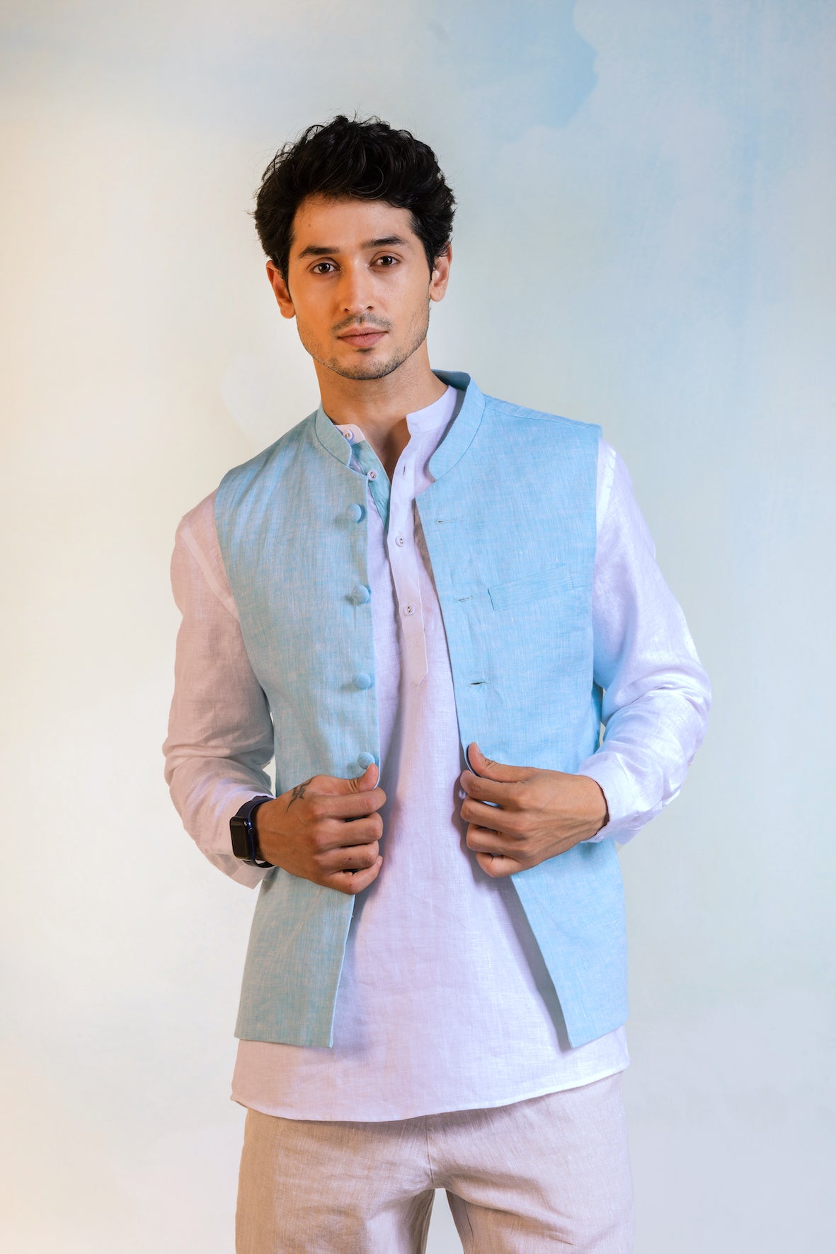 Buy online Blue Printed Linen Kurta Trouser Set With Solid Nehru Jacket  from Clothing for Men by Hangup for ₹2649 at 64% off | 2024 Limeroad.com